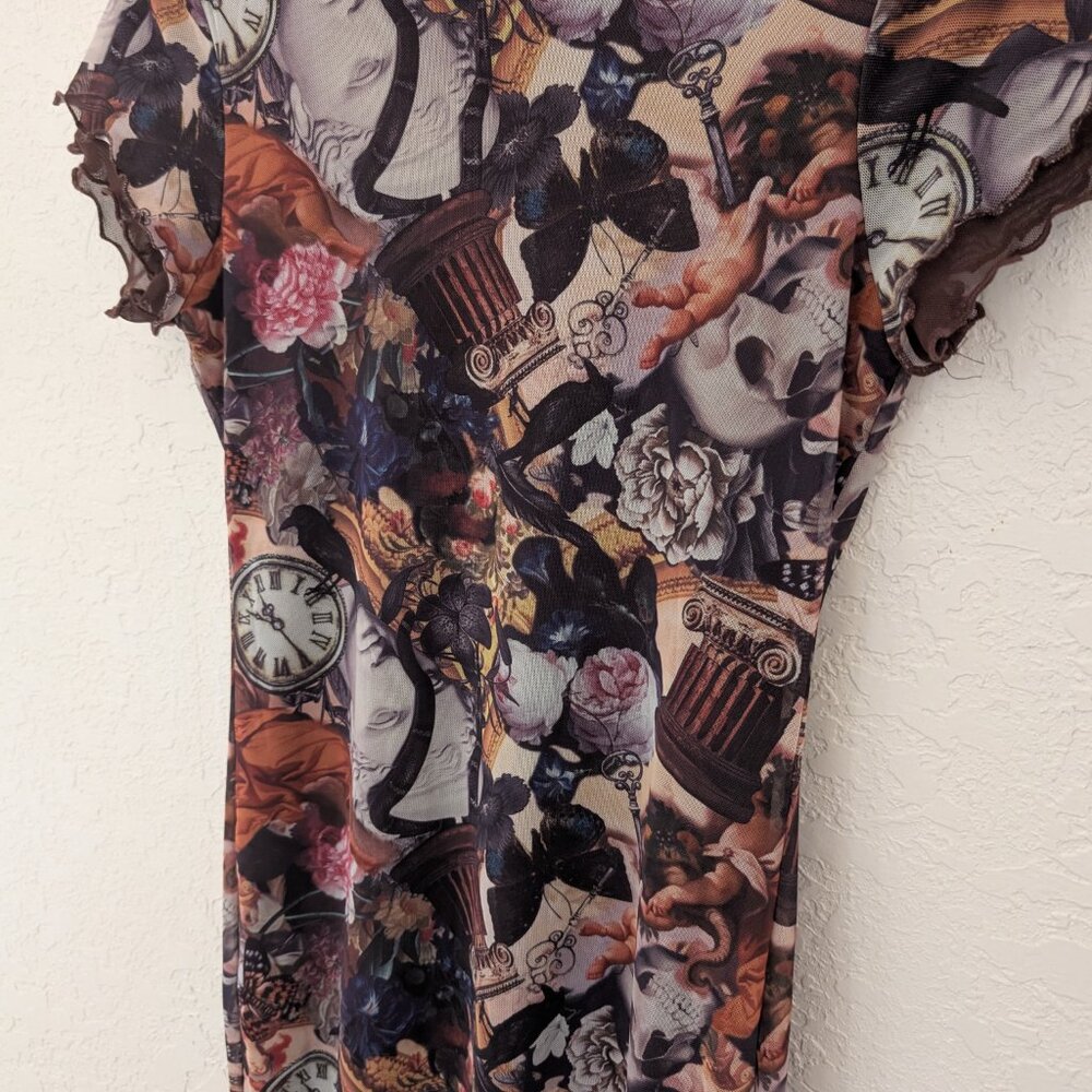 Almost Famous Mesh Y2K Bodycon Dress Clock Cherub Rose Scalloped Sleeve Sz M NWT - Picture 2 of 7